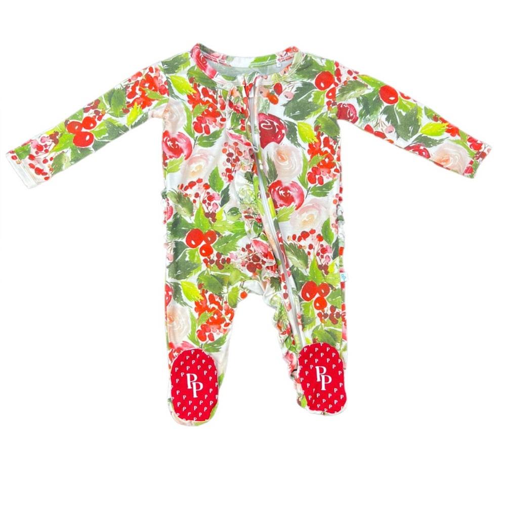 Posh Peanut Floral Footed One-Piece in Green, Red, Pink and Cream
